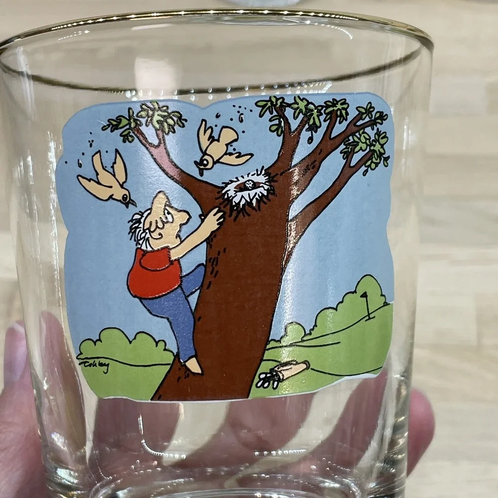 Vintage Ashby Glasses 8pc Golf Funny‎ Cartoon Low Ball Whiskey Man's Cave Decor
